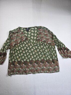 Angie Large Bohemian Floral Print Green Blouse With V-Neck Long Sleeves
